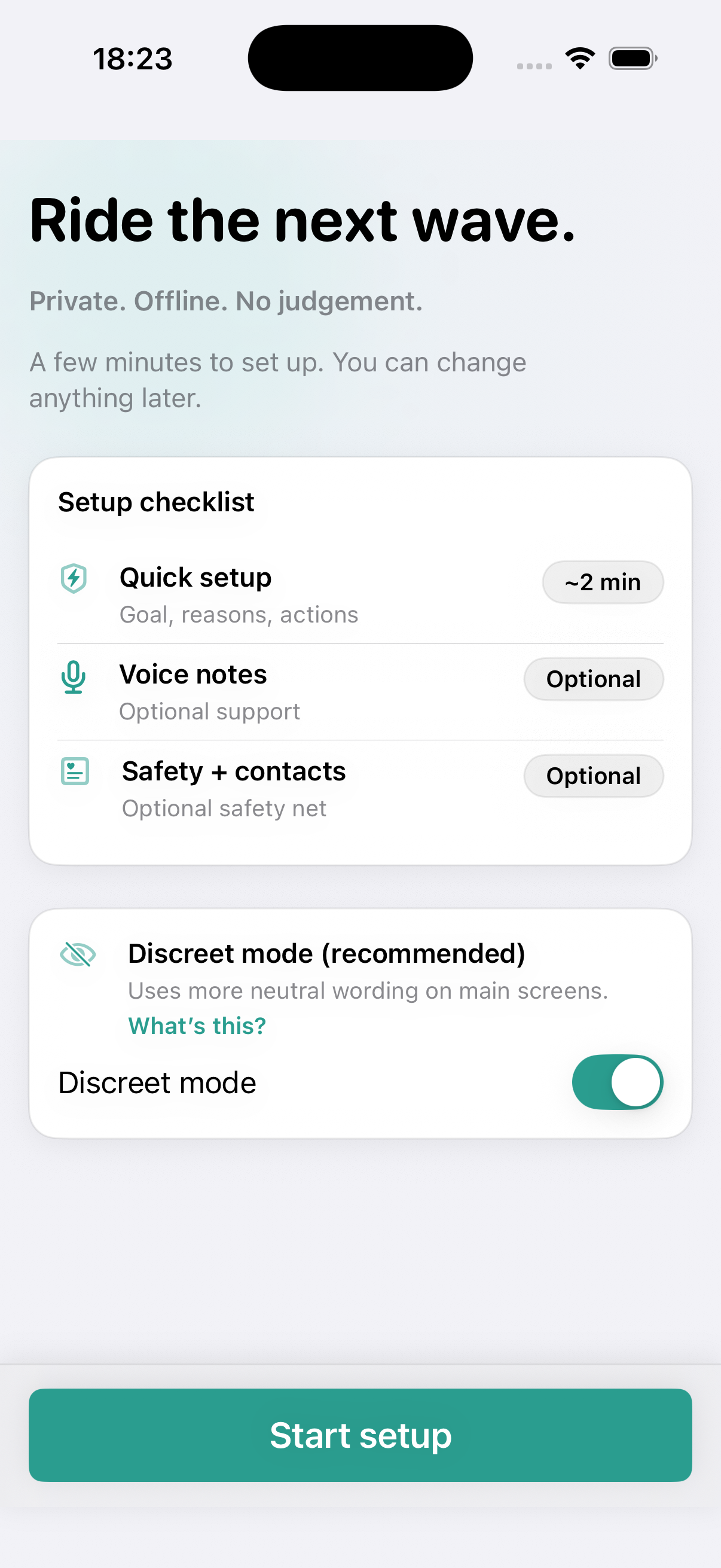 Home screen with Start button