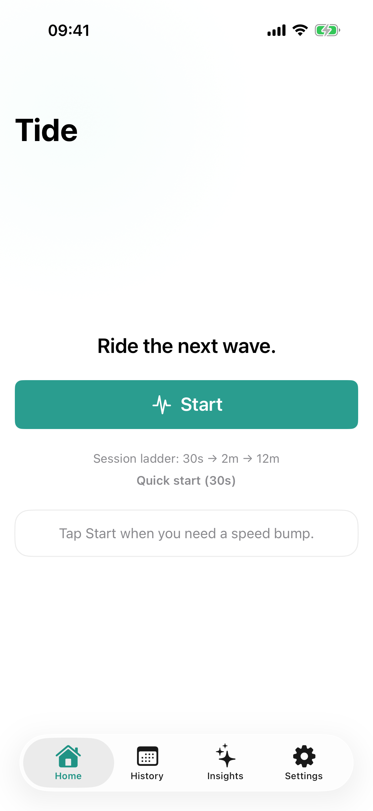 Home screen with Start button